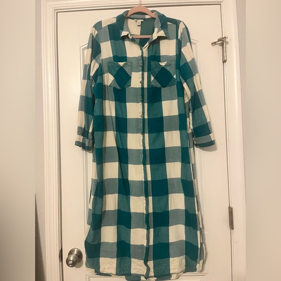 Cato Dresses & Skirts - Cato Teal and Cream western Checkered Long Sleeve flannel Dress size 18/20